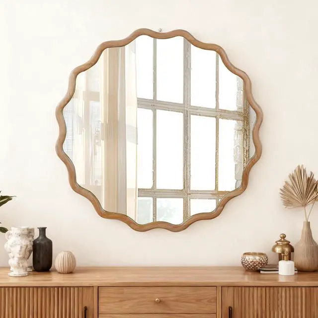 Main image of Natural Wood Color 30 inch Wavy Round Solid Wood Frame Decorative Mirror,For Bedroom, Bathroom, Living Room, Entryway