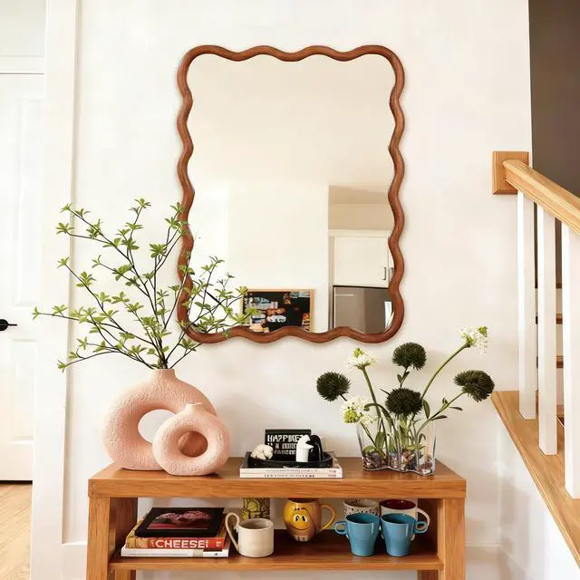 Alt view image 6 of 7 - Yellowish Brown 30"x40" Wavy Rectangle Solid Wood Frame Decorative Mirror,For Bedroom, Bathroom, Living Room, Entryway