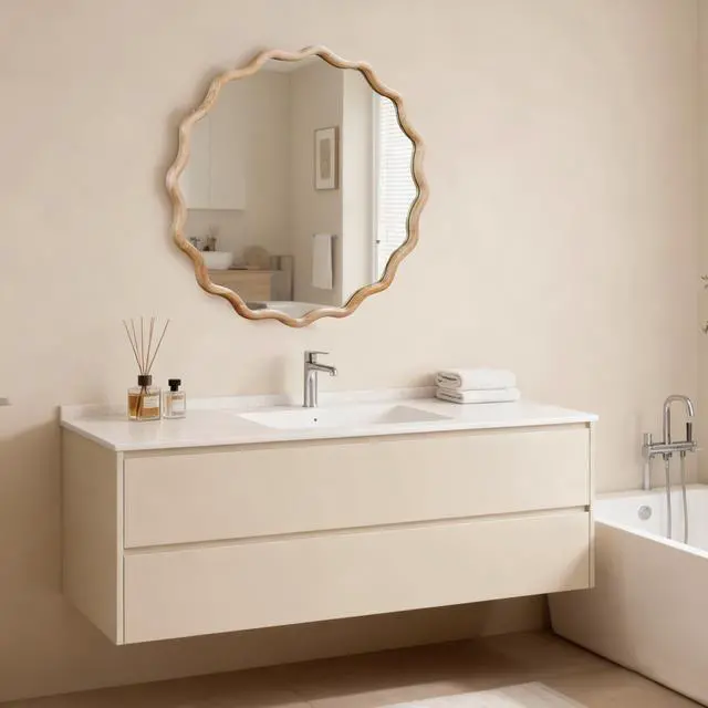 Alt view image 2 of 7 - Natural Wood Color 30 inch Wavy Round Solid Wood Frame Decorative Mirror,For Bedroom, Bathroom, Living Room, Entryway
