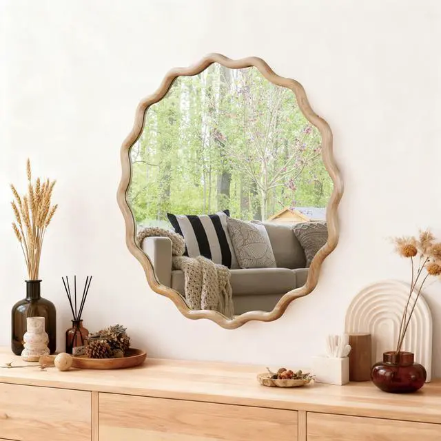 Alt view image 6 of 7 - Natural Wood Color 30 inch Wavy Round Solid Wood Frame Decorative Mirror,For Bedroom, Bathroom, Living Room, Entryway