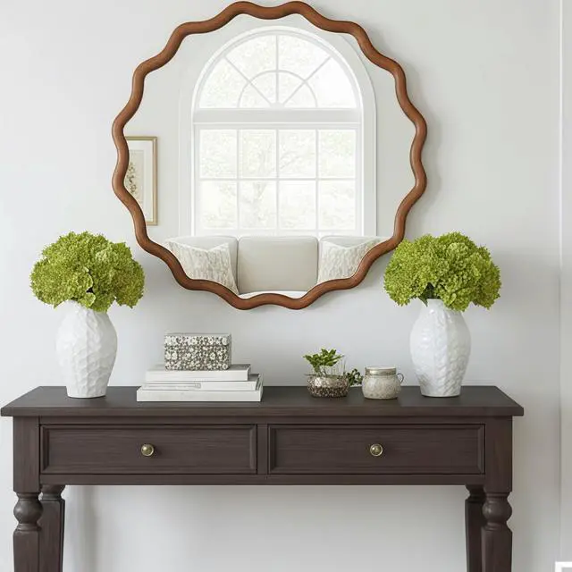 Alt view image 7 of 7 - Yellowish Brown 30 inch Wavy Round Solid Wood Frame Decorative Mirror,For Bedroom, Bathroom, Living Room, Entryway