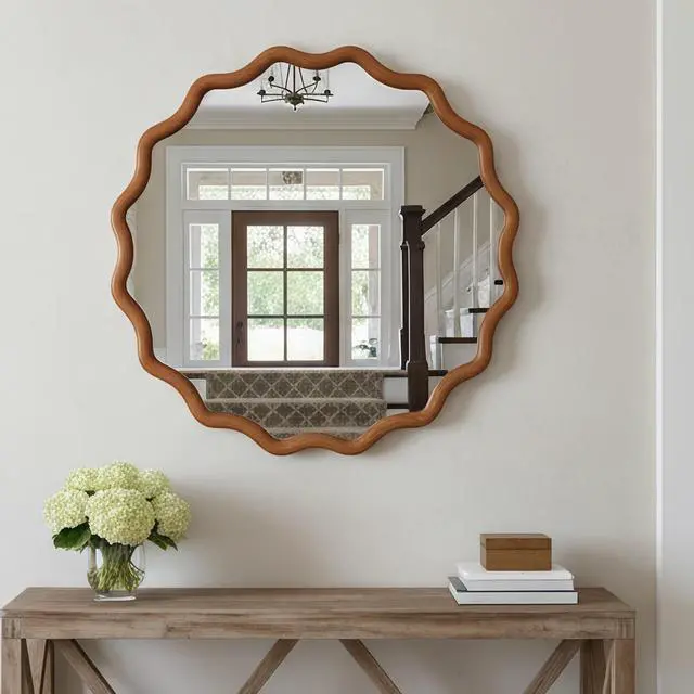 Alt view image 4 of 7 - Yellowish Brown 30 inch Wavy Round Solid Wood Frame Decorative Mirror,For Bedroom, Bathroom, Living Room, Entryway