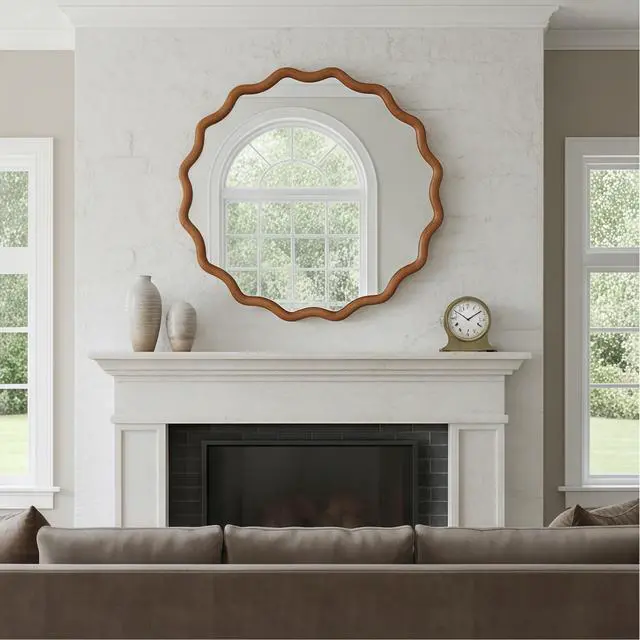 Alt view image 3 of 7 - Yellowish Brown 30 inch Wavy Round Solid Wood Frame Decorative Mirror,For Bedroom, Bathroom, Living Room, Entryway
