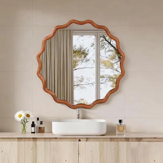 Main image of Yellowish Brown 30 inch Wavy Round Solid Wood Frame Decorative Mirror,For Bedroom, Bathroom, Living Room, Entryway