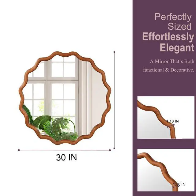 Alt view image 5 of 7 - Yellowish Brown 30 inch Wavy Round Solid Wood Frame Decorative Mirror,For Bedroom, Bathroom, Living Room, Entryway
