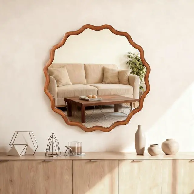 Alt view image 2 of 7 - Yellowish Brown 30 inch Wavy Round Solid Wood Frame Decorative Mirror,For Bedroom, Bathroom, Living Room, Entryway