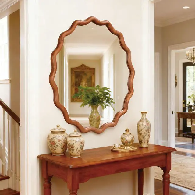 Alt view image 6 of 7 - Yellowish Brown 30 inch Wavy Round Solid Wood Frame Decorative Mirror,For Bedroom, Bathroom, Living Room, Entryway