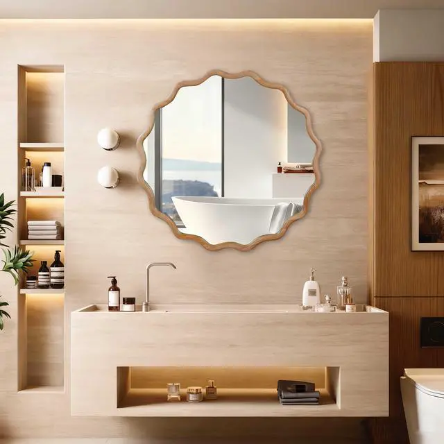 Alt view image 2 of 7 - Natural Wood Color 36 inch Wavy Round Solid Wood Frame Decorative Mirror,For Bedroom, Bathroom, Living Room, Entryway