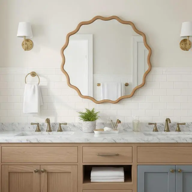 Alt view image 6 of 7 - Natural Wood Color 36 inch Wavy Round Solid Wood Frame Decorative Mirror,For Bedroom, Bathroom, Living Room, Entryway