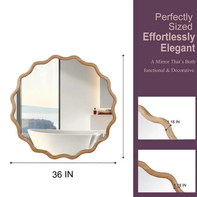 Alt view image 5 of 7 - Natural Wood Color 36 inch Wavy Round Solid Wood Frame Decorative Mirror,For Bedroom, Bathroom, Living Room, Entryway