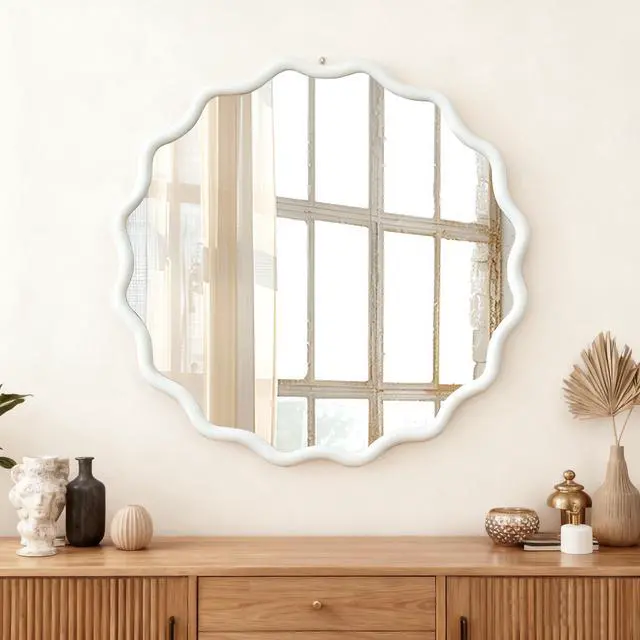 Main image of White 30 inch Wavy Round Solid Wood Frame Decorative Mirror,For Bedroom, Bathroom, Living Room, Entryway