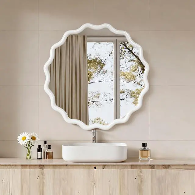 Alt view image 2 of 7 - White 30 inch Wavy Round Solid Wood Frame Decorative Mirror,For Bedroom, Bathroom, Living Room, Entryway