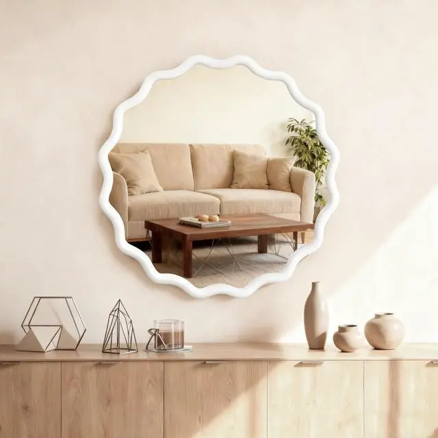 Alt view image 3 of 7 - White 30 inch Wavy Round Solid Wood Frame Decorative Mirror,For Bedroom, Bathroom, Living Room, Entryway