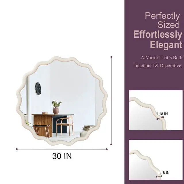 Alt view image 4 of 7 - White 30 inch Wavy Round Solid Wood Frame Decorative Mirror,For Bedroom, Bathroom, Living Room, Entryway