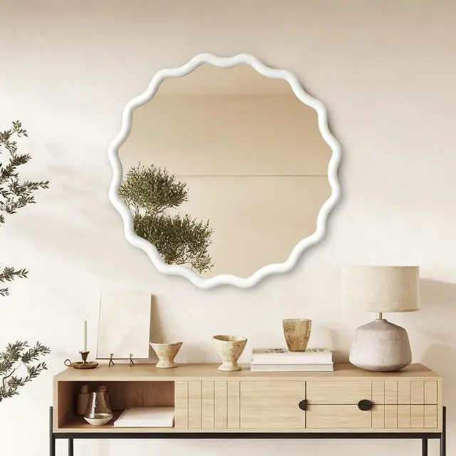 Alt view image 2 of 7 - White 36 inch Wavy Round Solid Wood Frame Decorative Mirror,For Bedroom, Bathroom, Living Room, Entryway