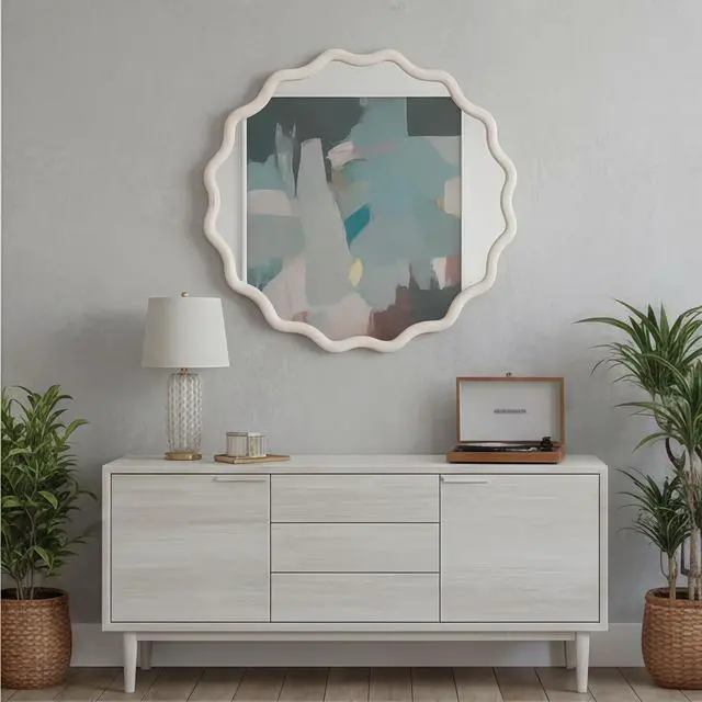 Alt view image 3 of 7 - White 36 inch Wavy Round Solid Wood Frame Decorative Mirror,For Bedroom, Bathroom, Living Room, Entryway