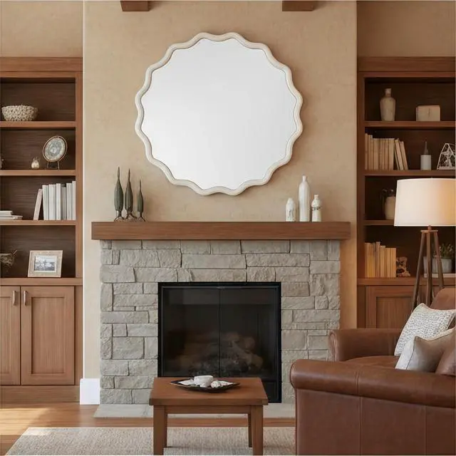 Alt view image 6 of 7 - White 36 inch Wavy Round Solid Wood Frame Decorative Mirror,For Bedroom, Bathroom, Living Room, Entryway