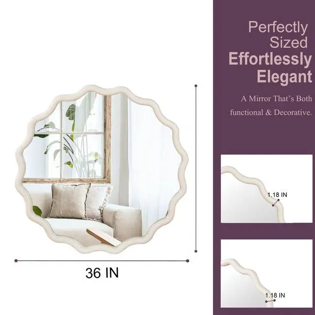 Alt view image 5 of 7 - White 36 inch Wavy Round Solid Wood Frame Decorative Mirror,For Bedroom, Bathroom, Living Room, Entryway