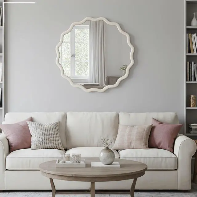 Alt view image 7 of 7 - White 30 inch Wavy Round Solid Wood Frame Decorative Mirror,For Bedroom, Bathroom, Living Room, Entryway