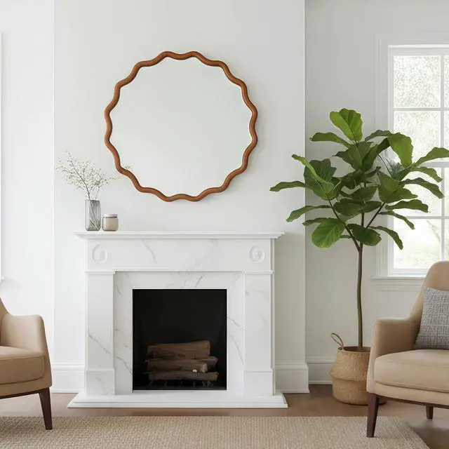 Alt view image 2 of 7 - Yellowish Brown 36 inch Wavy Round Solid Wood Frame Decorative Mirror,For Bedroom, Bathroom, Living Room, Entryway