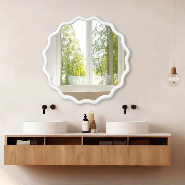Alt view image 7 of 7 - White 36 inch Wavy Round Solid Wood Frame Decorative Mirror,For Bedroom, Bathroom, Living Room, Entryway