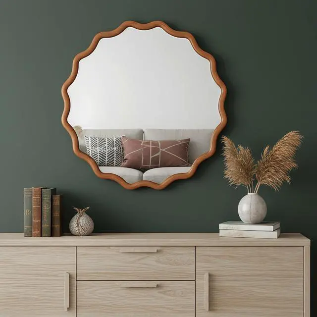 Alt view image 4 of 7 - Yellowish Brown 36 inch Wavy Round Solid Wood Frame Decorative Mirror,For Bedroom, Bathroom, Living Room, Entryway