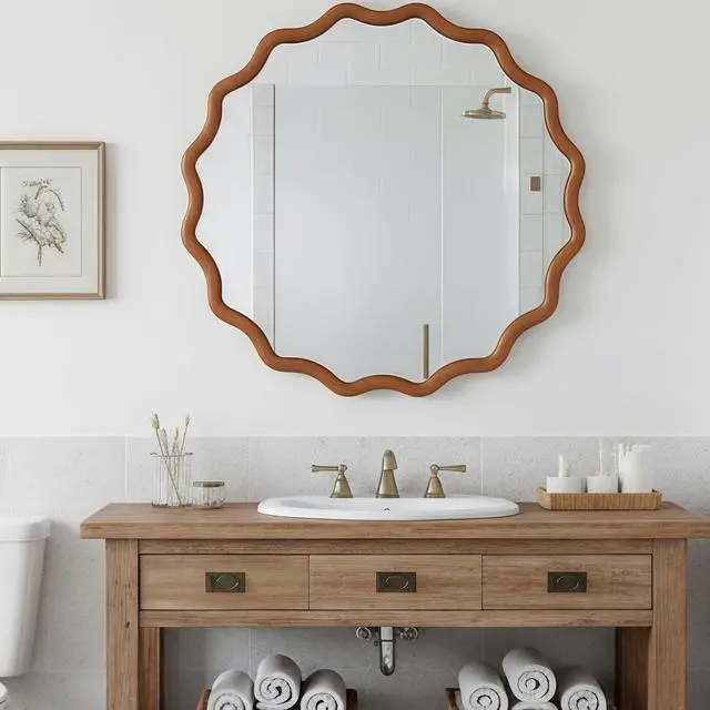 Alt view image 6 of 7 - Yellowish Brown 36 inch Wavy Round Solid Wood Frame Decorative Mirror,For Bedroom, Bathroom, Living Room, Entryway