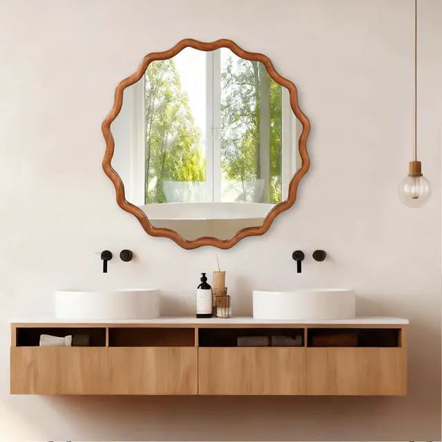 Alt view image 3 of 7 - Yellowish Brown 36 inch Wavy Round Solid Wood Frame Decorative Mirror,For Bedroom, Bathroom, Living Room, Entryway