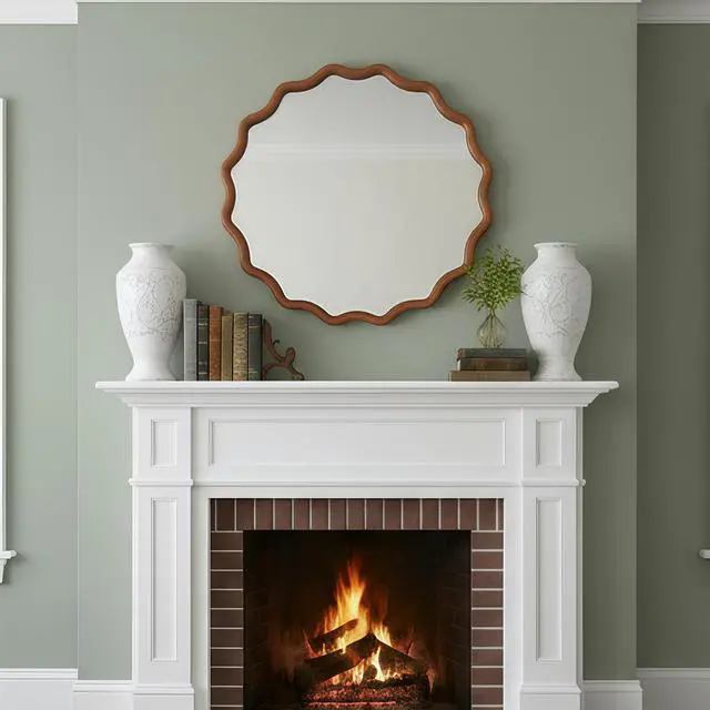 Alt view image 7 of 7 - Yellowish Brown 36 inch Wavy Round Solid Wood Frame Decorative Mirror,For Bedroom, Bathroom, Living Room, Entryway