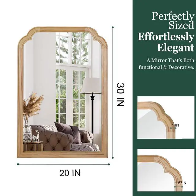 Alt view image 4 of 7 - Natural Wood Color 20" x 30" Solid Wood Frame Rounded Corner Decorative Mirror, For Bedroom, Bathroom, Living Room, Entryway
