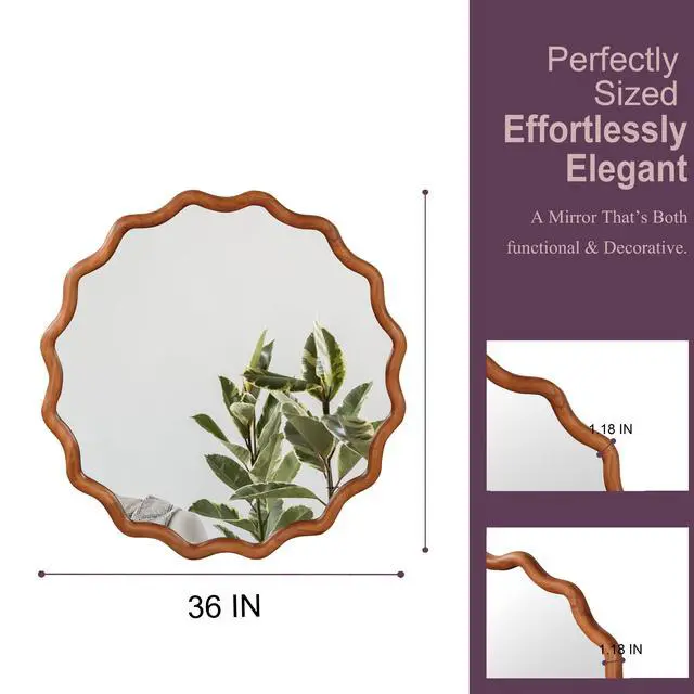 Alt view image 5 of 7 - Yellowish Brown 36 inch Wavy Round Solid Wood Frame Decorative Mirror,For Bedroom, Bathroom, Living Room, Entryway