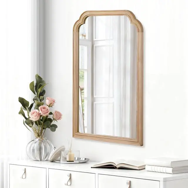 Alt view image 3 of 7 - Natural Wood Color 20" x 30" Solid Wood Frame Rounded Corner Decorative Mirror, For Bedroom, Bathroom, Living Room, Entryway