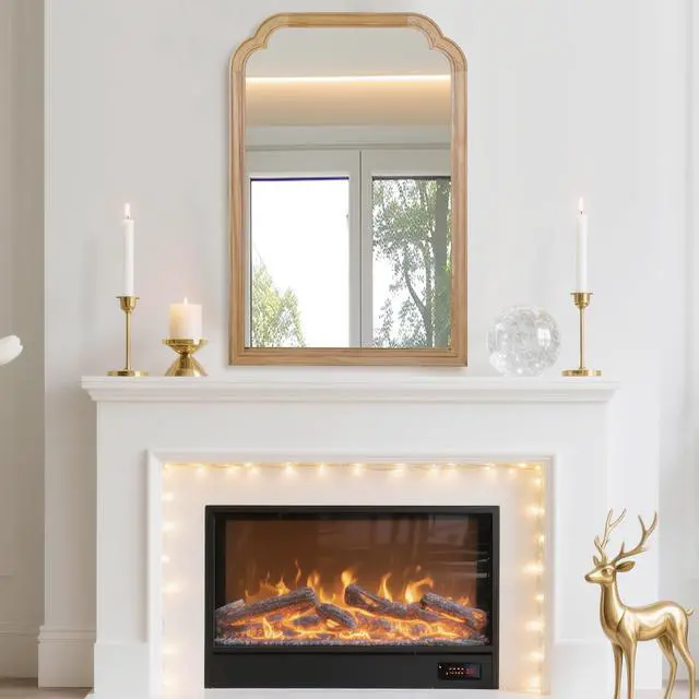 Alt view image 2 of 7 - Natural Wood Color 20" x 30" Solid Wood Frame Rounded Corner Decorative Mirror, For Bedroom, Bathroom, Living Room, Entryway