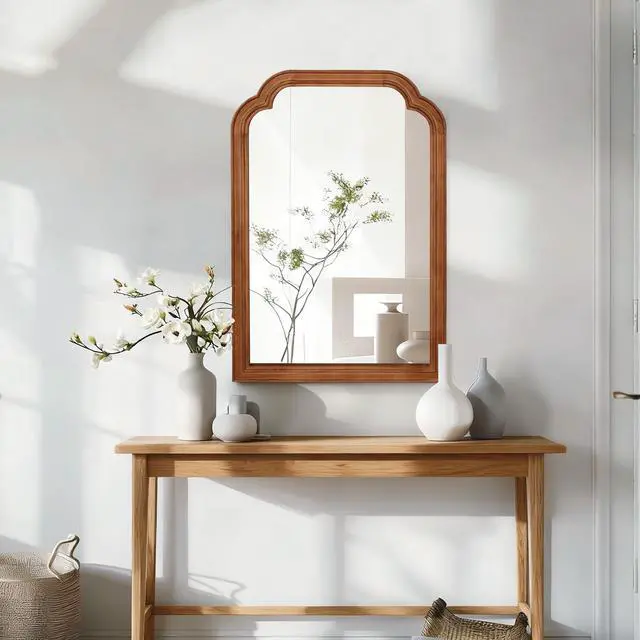Main image of Yellowish Brown Color 20" x 30" Solid Wood Frame Rounded Corner Decorative Mirror, For Bedroom, Bathroom, Living Room, Entryway