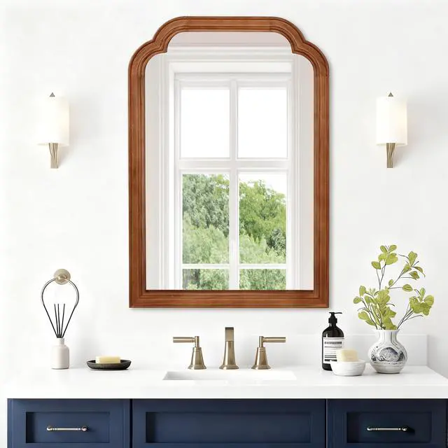 Alt view image 3 of 7 - Yellowish Brown Color 20" x 30" Solid Wood Frame Rounded Corner Decorative Mirror, For Bedroom, Bathroom, Living Room, Entryway
