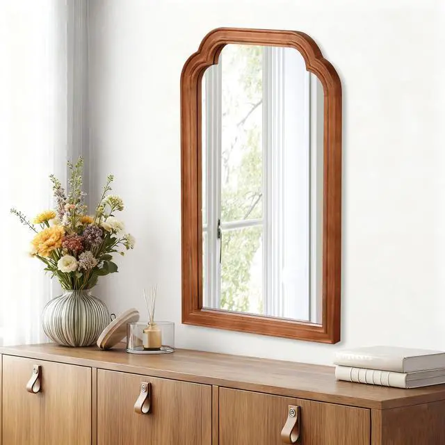 Alt view image 2 of 7 - Yellowish Brown Color 20" x 30" Solid Wood Frame Rounded Corner Decorative Mirror, For Bedroom, Bathroom, Living Room, Entryway
