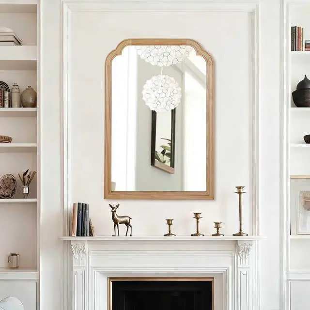 Main image of Natural Wood Color 24" x 36" Solid Wood Frame Rounded Corner Decorative Mirror, For Bedroom, Bathroom, Living Room, Entryway
