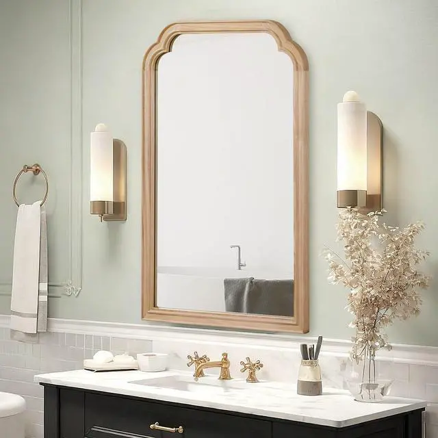 Alt view image 3 of 7 - Natural Wood Color 24" x 36" Solid Wood Frame Rounded Corner Decorative Mirror, For Bedroom, Bathroom, Living Room, Entryway