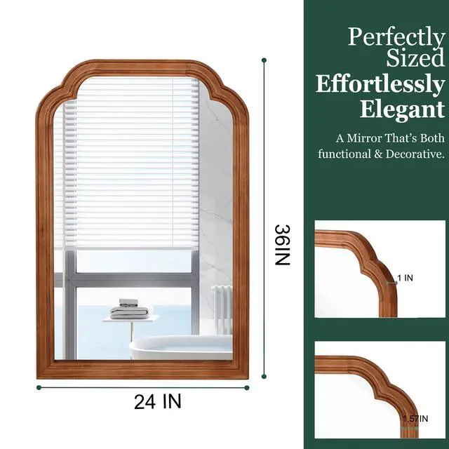Alt view image 4 of 7 - Yellowish Brown Color 24" x 36" Solid Wood Frame Rounded Corner Decorative Mirror, For Bedroom, Bathroom, Living Room, Entryway