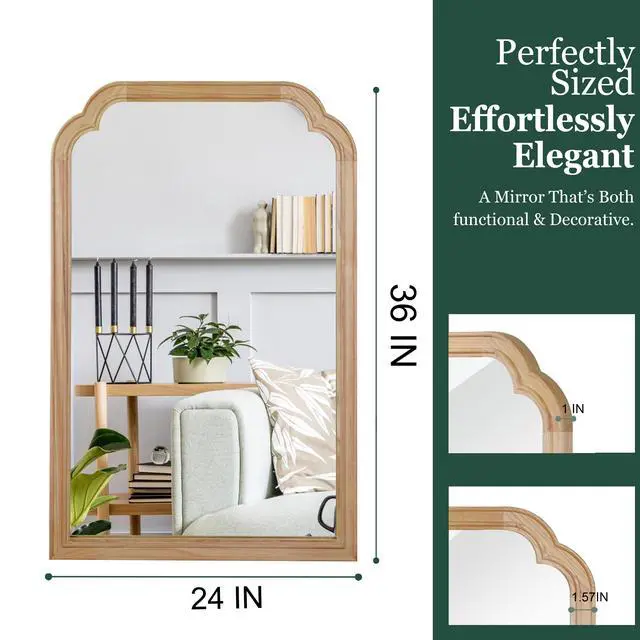 Alt view image 4 of 7 - Natural Wood Color 24" x 36" Solid Wood Frame Rounded Corner Decorative Mirror, For Bedroom, Bathroom, Living Room, Entryway
