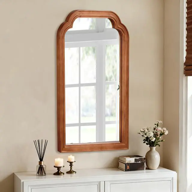 Alt view image 3 of 7 - Yellowish Brown Color 24" x 36" Solid Wood Frame Rounded Corner Decorative Mirror, For Bedroom, Bathroom, Living Room, Entryway