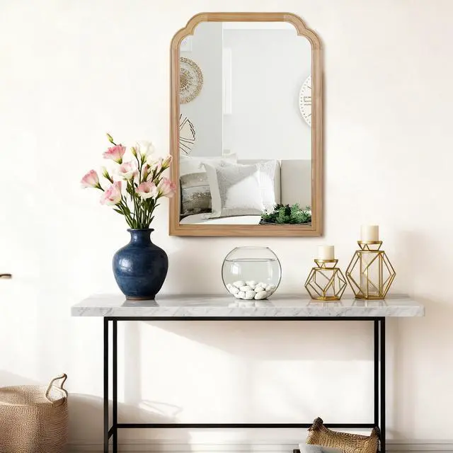 Alt view image 2 of 7 - Natural Wood Color 24" x 36" Solid Wood Frame Rounded Corner Decorative Mirror, For Bedroom, Bathroom, Living Room, Entryway