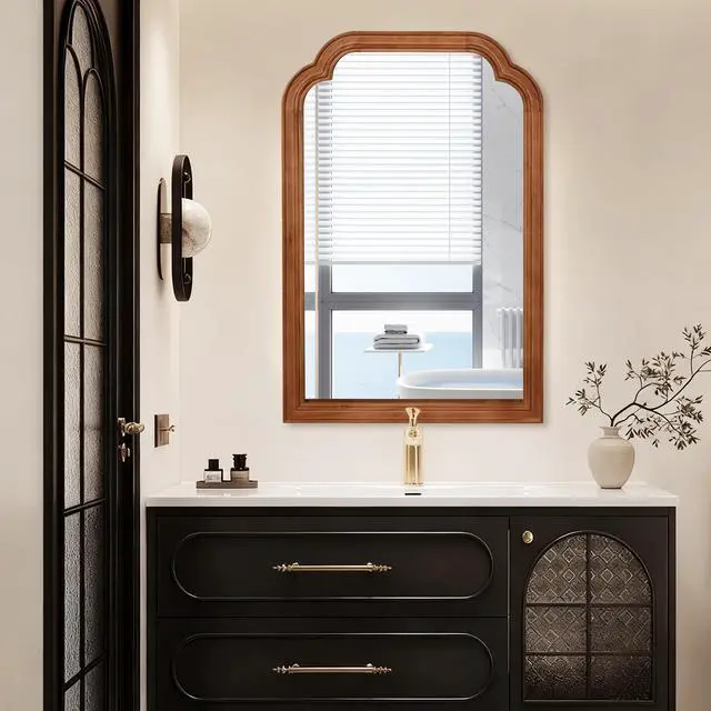 Main image of Yellowish Brown Color 24" x 36" Solid Wood Frame Rounded Corner Decorative Mirror, For Bedroom, Bathroom, Living Room, Entryway
