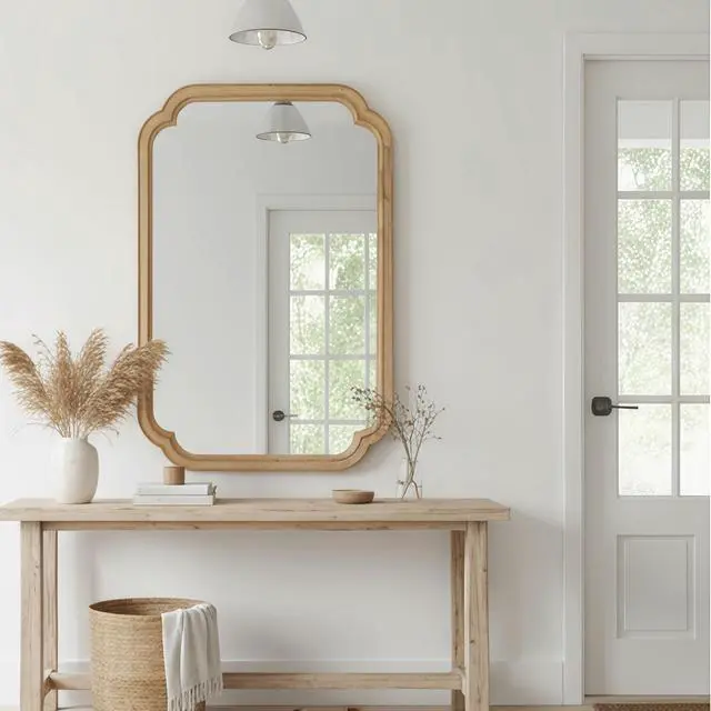 Main image of Natural Wood Color 20" x 30" Solid Wood Frame Rounded Corner Decorative Mirror, For Bedroom, Bathroom, Living Room, Entryway