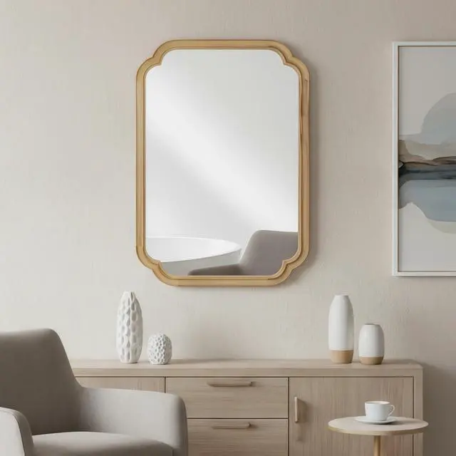 Alt view image 2 of 7 - Natural Wood Color 20" x 30" Solid Wood Frame Rounded Corner Decorative Mirror, For Bedroom, Bathroom, Living Room, Entryway