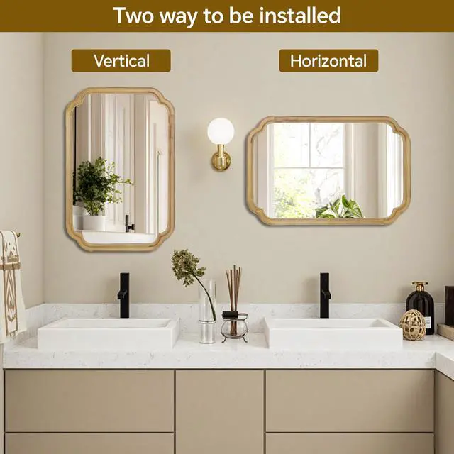 Alt view image 6 of 7 - Natural Wood Color 20" x 30" Solid Wood Frame Rounded Corner Decorative Mirror, For Bedroom, Bathroom, Living Room, Entryway