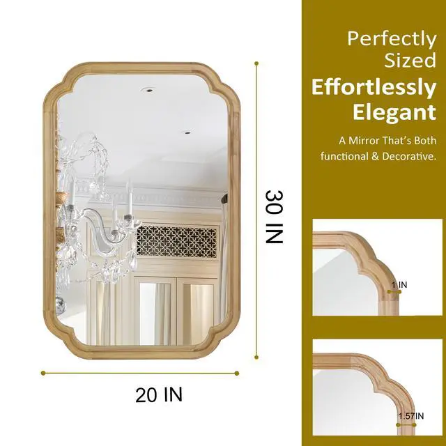 Alt view image 5 of 7 - Natural Wood Color 20" x 30" Solid Wood Frame Rounded Corner Decorative Mirror, For Bedroom, Bathroom, Living Room, Entryway