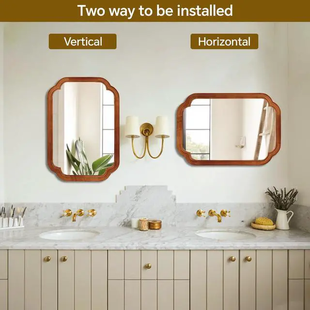 Alt view image 4 of 7 - Yellowish Brown Color 20" x 30" Solid Wood Frame Rounded Corner Decorative Mirror, For Bedroom, Bathroom, Living Room, Entryway