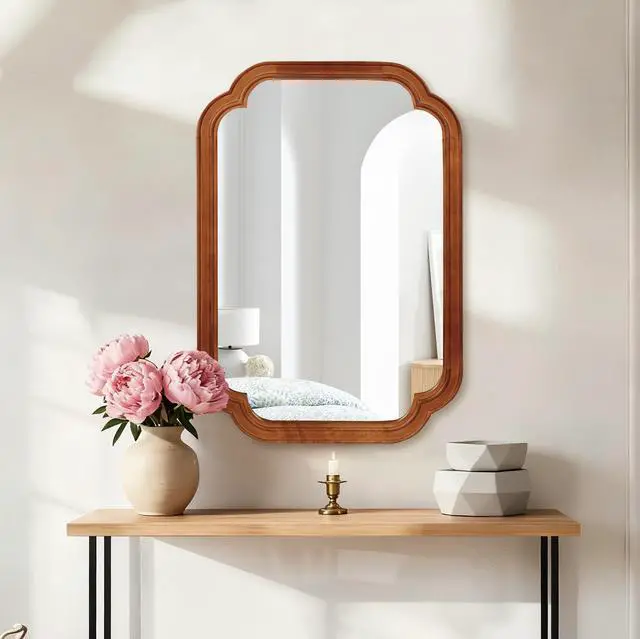 Main image of Yellowish Brown Color 20" x 30" Solid Wood Frame Rounded Corner Decorative Mirror, For Bedroom, Bathroom, Living Room, Entryway
