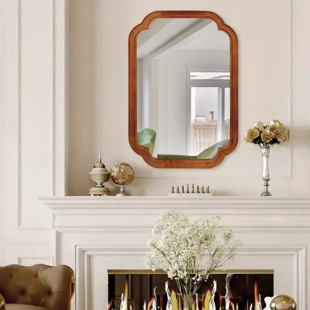 Alt view image 2 of 7 - Yellowish Brown Color 20" x 30" Solid Wood Frame Rounded Corner Decorative Mirror, For Bedroom, Bathroom, Living Room, Entryway